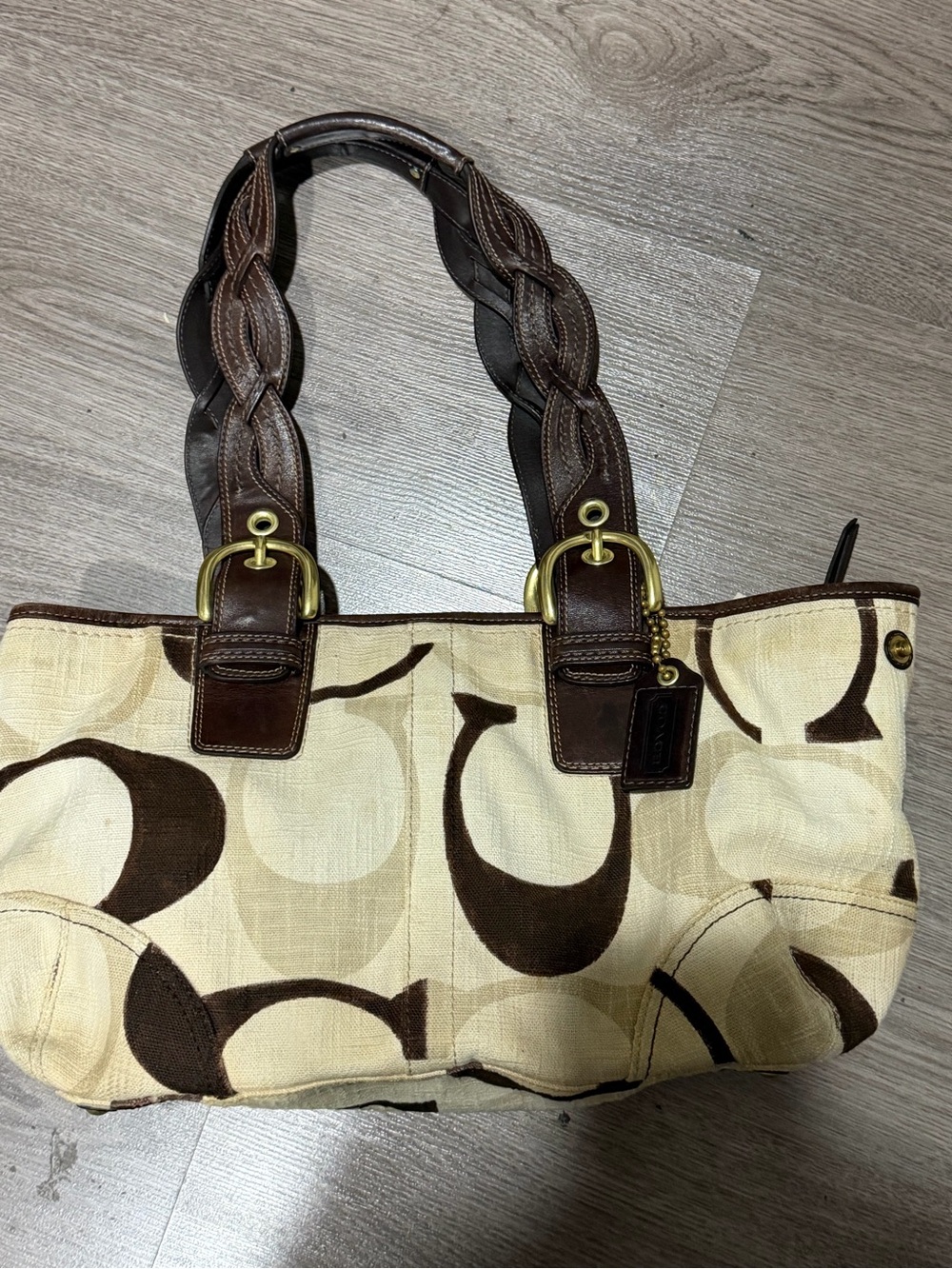 Coach Cream and Brown Canvas Tote with Braided Leather Handles